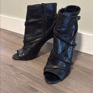 Nine West Black Peep-Toe Heeled Boots - leather upper - 8